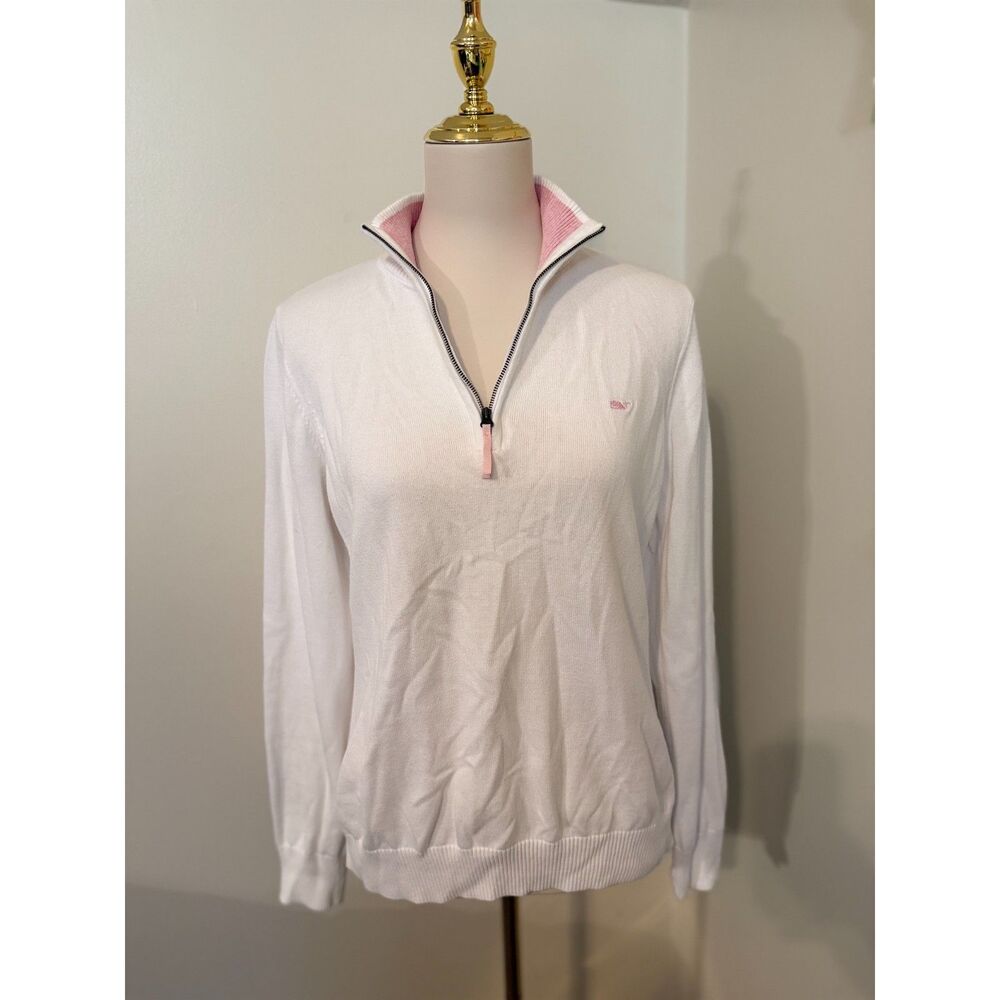 Vineyard Vines Women’s L White Pink Quarter Zip Cotton Sweater Whale Logo